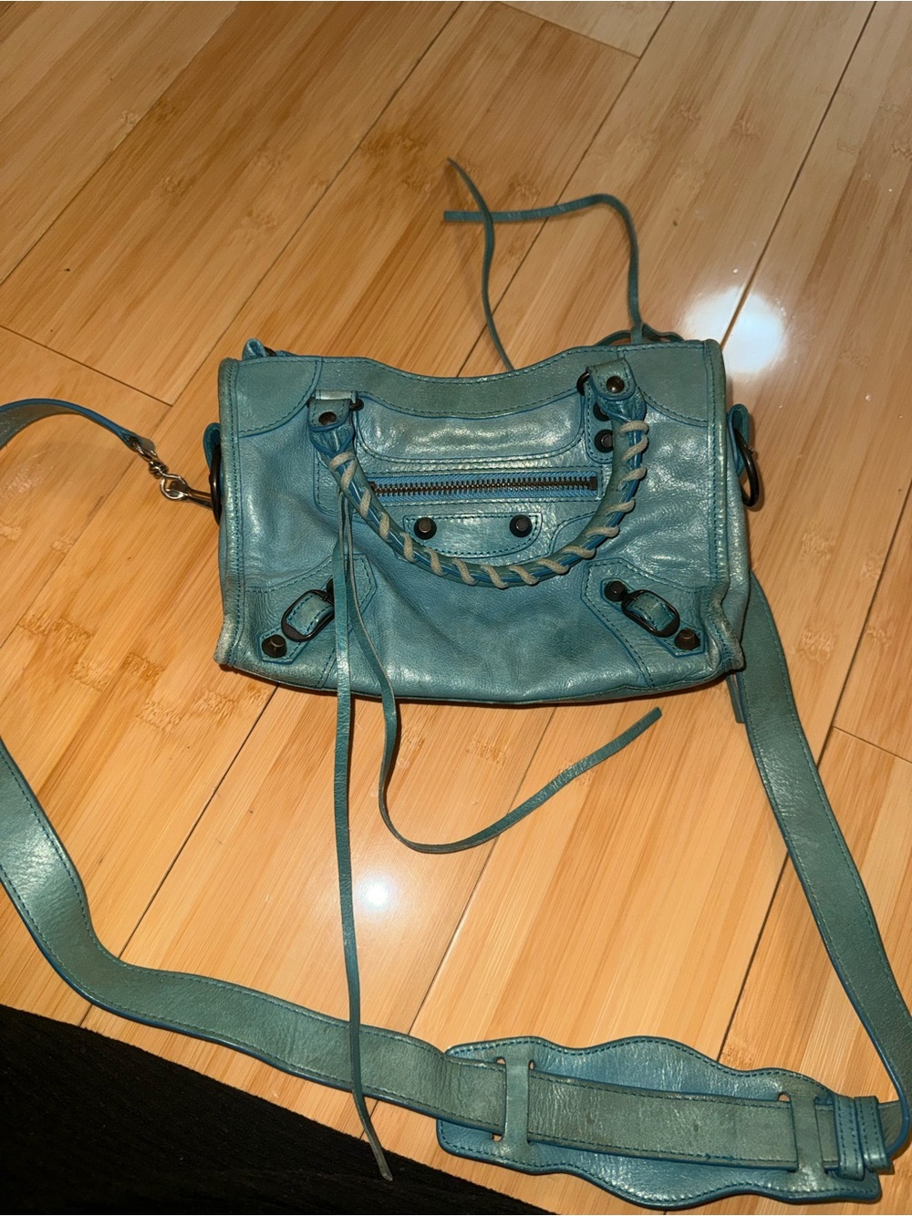 Balenciaga Teal Leather Mini Crossbody with Braided Handle